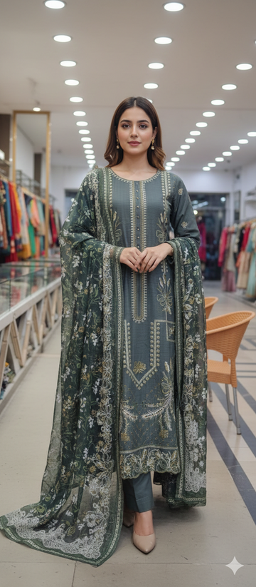 Viscose shirt with digital print dupatta full embroidered heavy sleeves plane trouser