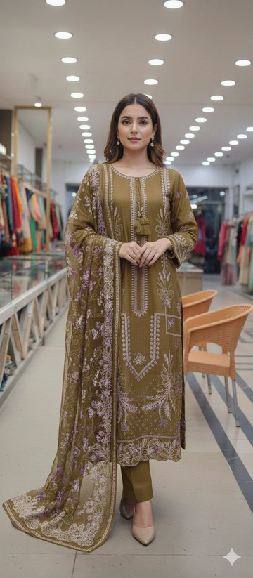 Woll peach chamki bhes heavy shirt embroidery with heavy dupatta 4 sided ready to wear