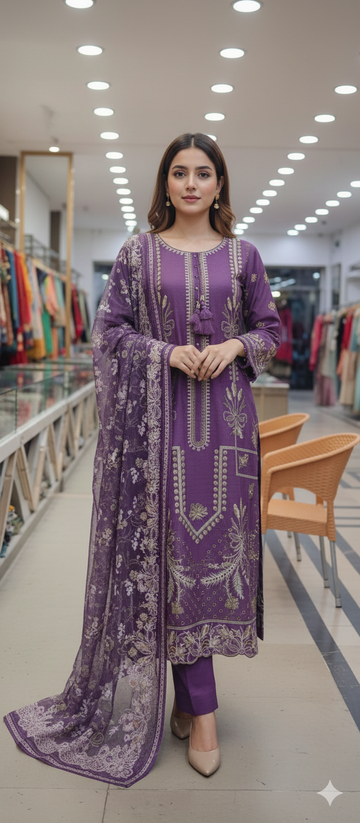 Semi stitch with khadi dupatta plane trouser embroidery sleeves colour purple price 8000